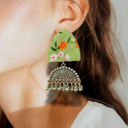 Green Floral Printed Oxidized Earrings